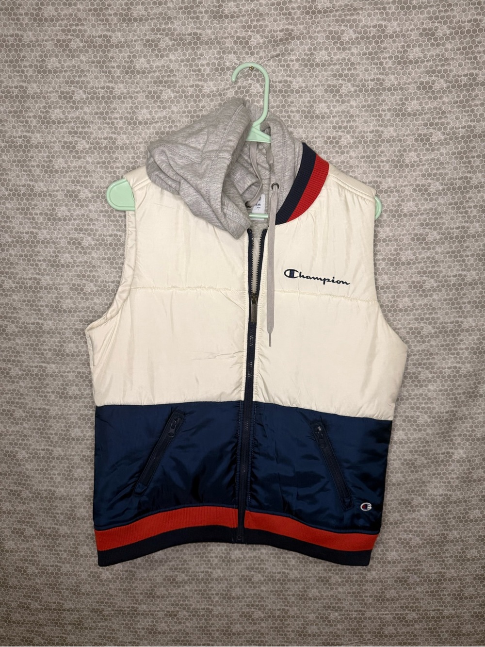 Champion white, navy blue, and red color-blocked vest with hood, size M